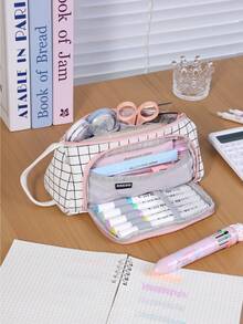 1PC Large Capacity Simple Plaid Multifunctional Triangle Pencil Case Handheld Portable Student Stationery Organizer For School Travel Office Desk Home Gift - Single Piece - View 7