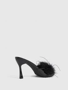 CUCCOO SZL Open-Toed Feather Stilettos Women's Loafers, High-Heeled Design, Suitable For Party Occasions - Black - View 5