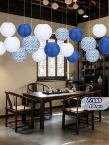 12 Traditional Chinese Blue And White Porcelain Patterned Paper Lanterns, Suitable For Holiday Celebrations, Parties, And Home Decor - Multi-colored. - View 1