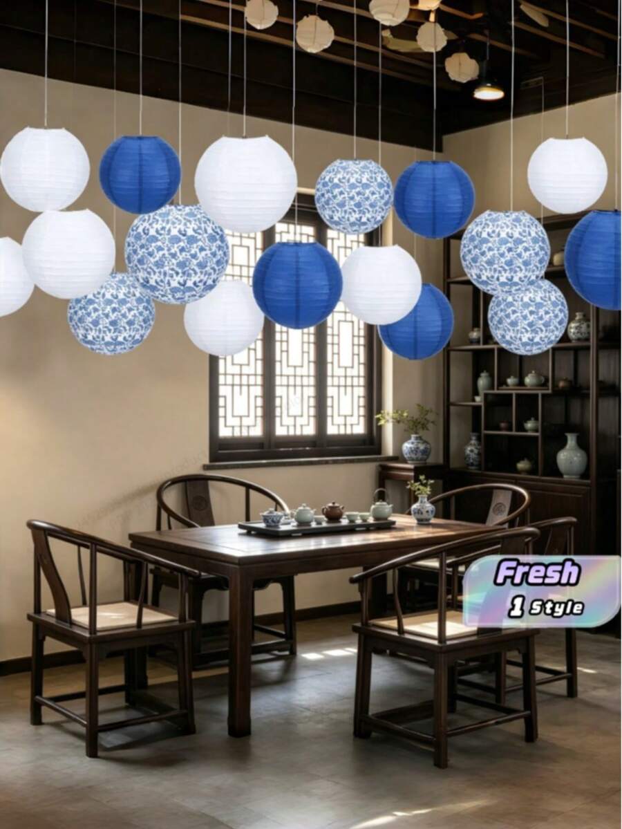 12 Traditional Chinese Blue And White Porcelain Patterned Paper Lanterns, Suitable For Holiday Celebrations, Parties, And Home Decor - Multi-colored. - View 1