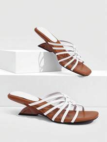 CUCCOO SZL Women's Shoes With T-Shaped Toe, Pointed Toe, Irregular Heel, Suede Stitching, Shiny Surface, Versatile For Dating And Commuting, High-Heeled Sandals - Brown and white - View 1