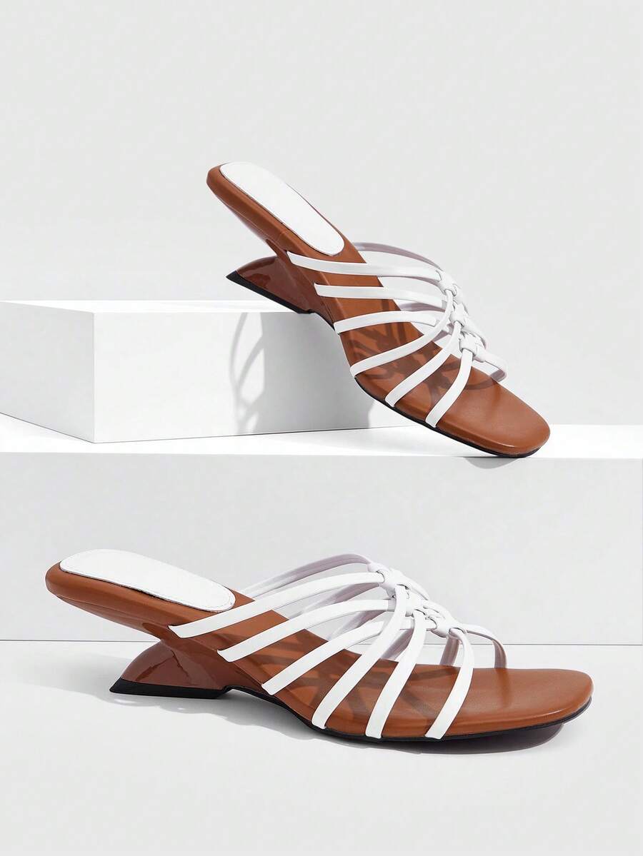 CUCCOO SZL Women's Shoes With T-Shaped Toe, Pointed Toe, Irregular Heel, Suede Stitching, Shiny Surface, Versatile For Dating And Commuting, High-Heeled Sandals - Brown and white - View 1