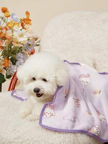 PETSIN 1件寵物貓狗通用紫色白色兔子可愛圖案印花毛絨四季通用狗毯 - 白色小兔淡紫底 - 查看 5