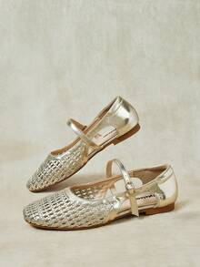 Styleloop Women's Fashion Square Toe Woven Buckle Shoes, Suitable For Dating And Commuting, Breathable Flat Shoes - Gold - View 3
