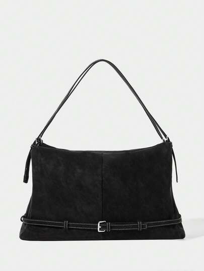 SHECARRY Ladies' Black Tote Bag, Exquisite Strip Decoration, Simple And Large-Capacity Soft Shoulder Bag, For Daily, Commuting, Shopping, Travel