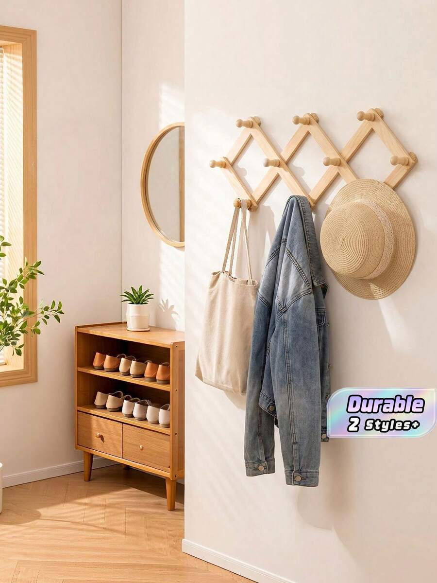 Wooden Expandable Coat Rack With 10 Hooks Accordion Wall Mounted Coat Rack For Hanging Hats, Hats, Clothes, Towels, Wall Hanging Clothes Hooks, Home Decor Fall Decor Holiday Decor Room Decor Home Decor Fall Decor Bedroom Decor - View 1