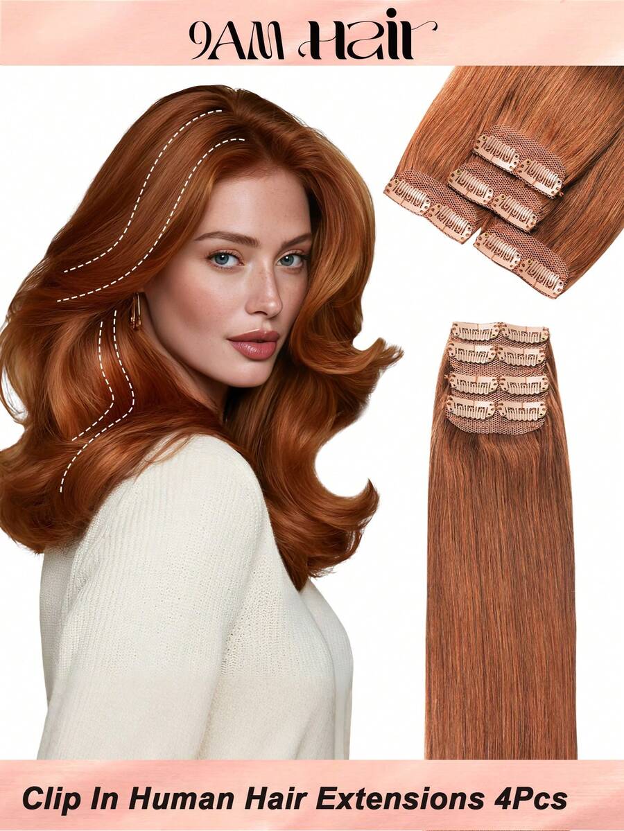 4PCS Straight Clip In Hair Extensions Human Hair, Double Weft Invisible Design With 8 Clips, 33# Auburn Brown Premium Remy Hair, 12‑18 Inch, For Full‑Head Volume Boost, Great For Women & Girls Daily Wear,Halloween And Christmas Holiday Styling - S33 - View 1