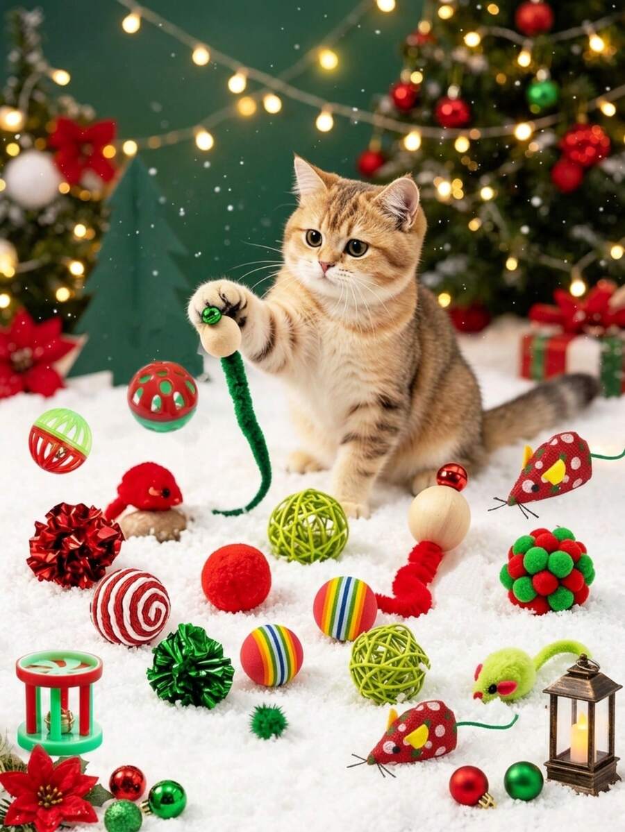PETSIN Christmas Cat Toys Set, Interactive Kitten Toy Assortment, Indoor Cats Entertainment, Soft Crinkle Balls Mice Bite Resistant Cat Toy Pack, Holiday Xmas Gift For Small Medium Cats - Multicolor - View 1