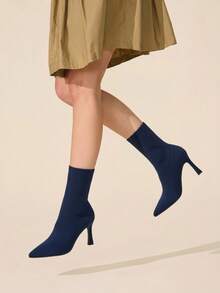 CUCCOO BASICS Women's Pointed Middle Tube Fabric Surface. Cloth Shaped Heel Medium High Heel Elastic Boots. Sexy Versatile Commuter Autumn And Winter Classic Women' - Navy Blue - View 6