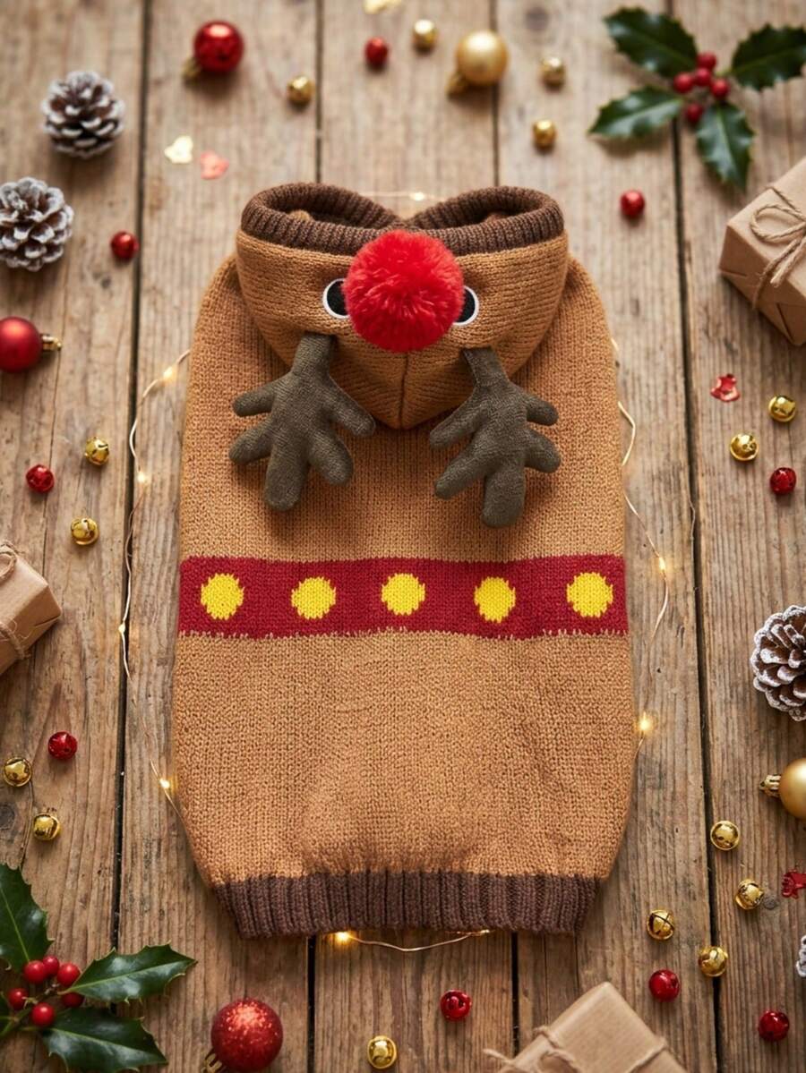 PETSIN Reindeer Hooded Dog Christmas Sweater Knit Pet Holiday Cosplay Costume