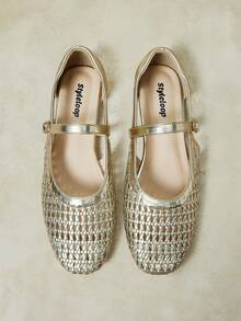Styleloop Women's Fashion Square Toe Woven Buckle Shoes, Suitable For Dating And Commuting, Breathable Flat Shoes - Gold - View 1