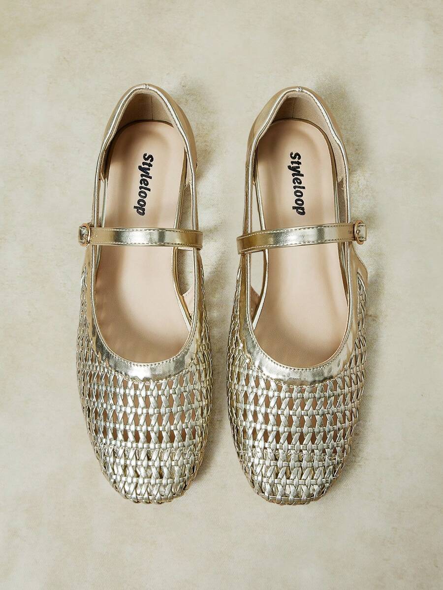Styleloop Women's Fashion Square Toe Woven Buckle Shoes, Suitable For Dating And Commuting, Breathable Flat Shoes - Gold - View 1