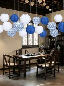 12 Traditional Chinese Blue And White Porcelain Patterned Paper Lanterns, Suitable For Holiday Celebrations, Parties, And Home Decor - Multi-colored. - View 6