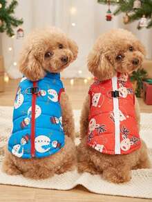 PETSIN Winter Warm Dog Christmas Waistcoat, Cartoon Santa Snowman Print Zip Front Quilted Pet Vest With Dual D‑Ring For Harness Leash - Multicolor - View 1