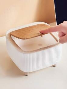 1pc Circular Garbage Bin, Covered Garbage Bin, Desktop Storage Box And Container, School Dormitory Storage Box, Bedside Table, Large Capacity Hair Accessory Storage Box, Headband, Clip Storage Box, Kitchen, Bedroom, Living Room, Office, Christmas - Square - Grey - View 5