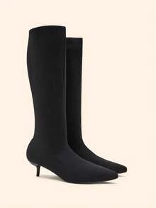 CUCCOO BASICS Women's Fashion Pointed Fabric Surface. Medium High Heel Lacquered Straight Heel Knee High Elastic Boots. Sexy Versatile Commuter Autumn And Winter Cl - Black - View 3