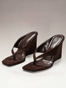 SHEIN VACAZURE Women's Comfortable, Thong Wedge Sandals Summer Shoes - Coffee Brown - View 8