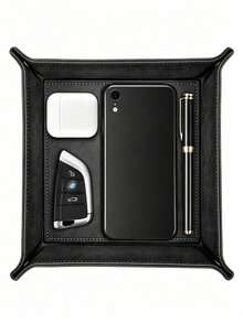 1pc Foldable Leather Desktop Storage Tray - PU Jewelry Box And Key, Remote Control, Ring, Earring Organizer | Fashionable Storage Box For Small Items, Accessories And Home Decor - Multicolor - View 4