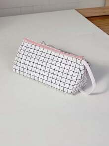 1PC Large Capacity Simple Plaid Multifunctional Triangle Pencil Case Handheld Portable Student Stationery Organizer For School Travel Office Desk Home Gift - Single Piece - View 4