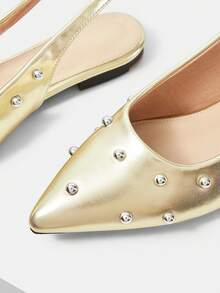 Mnmlis Women's Silver Rivet Pointed Toe Backless Flat Shoes With Adjustable Buckle Straps Retro Vacation Versatile Flat Loafers - Gold - View 4