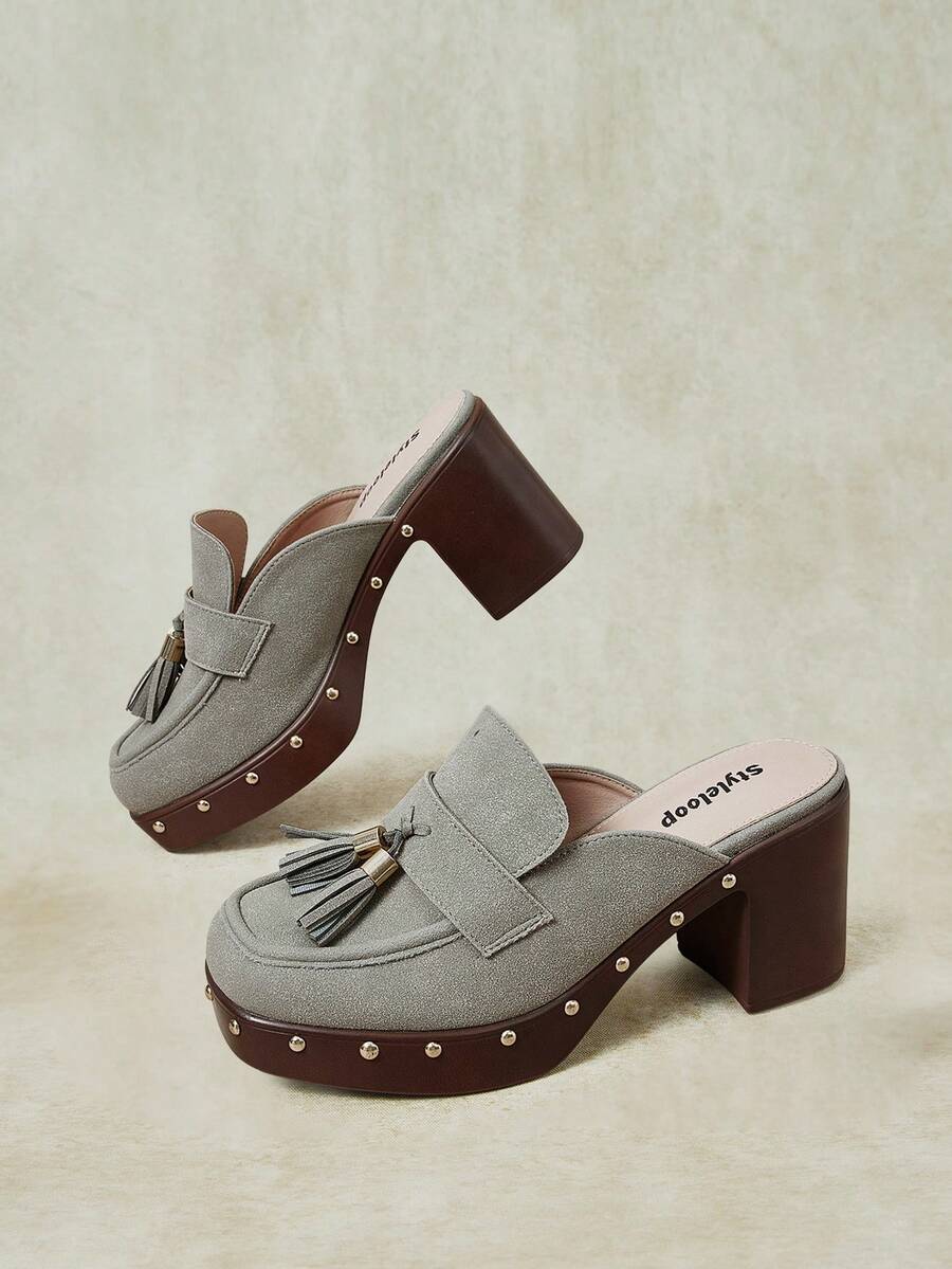 Styleloop Outdoor Women's Square Toe Side Round Nails Decoration Fashionable, Simple, Breathable And Comfortable Party Shoes With Slip-On Exposed Heel - Grey - View 1