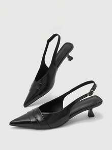 CUCCOO BIZCHIC Women's Black Pointed Back Strap Kitten And Single Shoe Strap Decoration Commuting Simple Temperament High Heel Single Shoes - Black - View 6