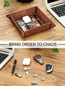 1pc Foldable Leather Desktop Storage Tray - PU Jewelry Box And Key, Remote Control, Ring, Earring Organizer | Fashionable Storage Box For Small Items, Accessories And Home Decor - Multicolor - View 7