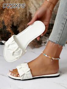 Alvarani A Pair Of Women's Beach Solid Color Fashion Pleated Lace PU Leather Comfortable Versatile Flat Sandals - White - View 1