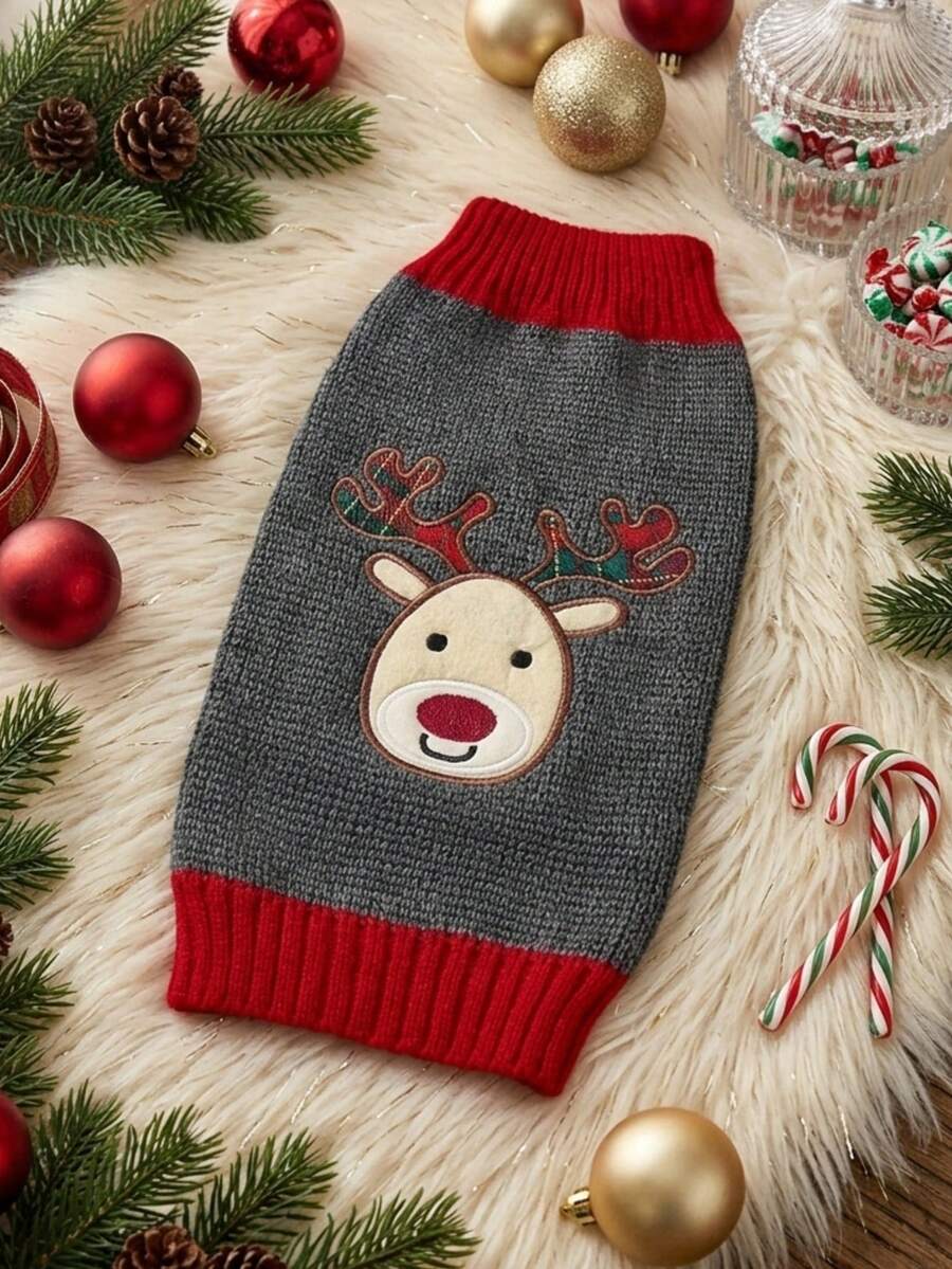 PETSIN Christmas Reindeer Knitted Pet Sweater For Teddy, Small, Medium, And Large Dogs, Grey Fawn Pattern Dog Autumn/Winter Outfit, Also For Cats