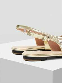 Mnmlis Women's Silver Rivet Pointed Toe Backless Flat Shoes With Adjustable Buckle Straps Retro Vacation Versatile Flat Loafers - Gold - View 3