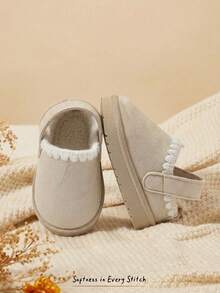Cozy Pixies Girls Beige Lace Versatile Fashion Velvet Warm One Pedal Light Cover Slippers Suitable For Winter Home Leisure Party Play Wear - Beige - View 2