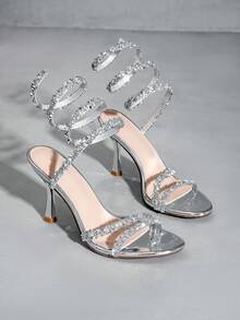 Alvarani Sexy High-Heeled Sandals Party Spiral Strap Rhinestone Fashion Sandals - Silver - View 3