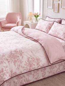 SHEIN 3-delat rosa quiltöverdragset med blommönster, röda snäckor och broderad kant, 1 quiltöverdrag + 2 örngott (utan quiltfyllning), mjukt och hudvänligt, mild retrostil, sovrumsdekoration, maskintvättbart, lämpligt för alla årstider - Multifärgad - Visa 9