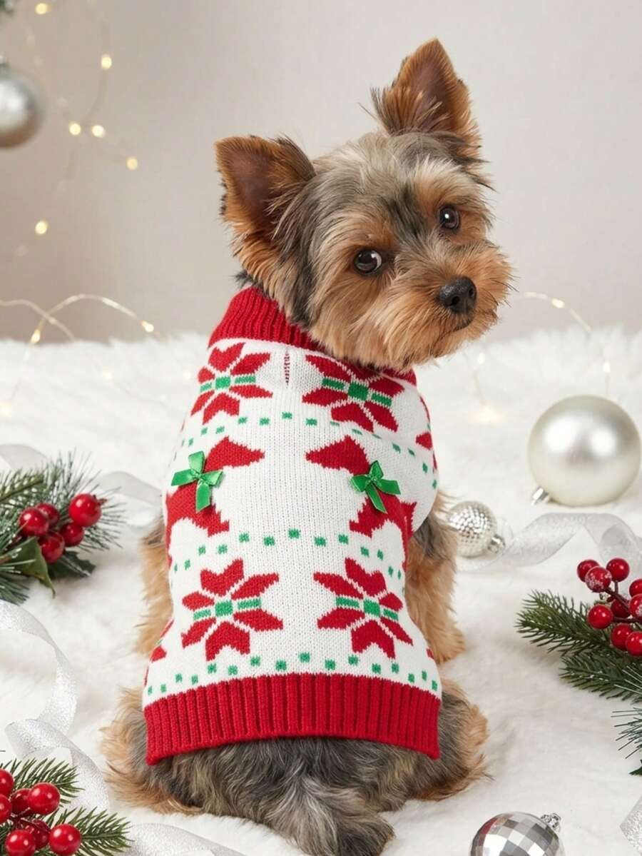 PETSIN كنزة عيد الميلاد للكلاب بطبعة زهرة البوينسيتيا مع زينة فيونكة خضراء، ملابس شتوية محبوكة للحيوانات الأليفة