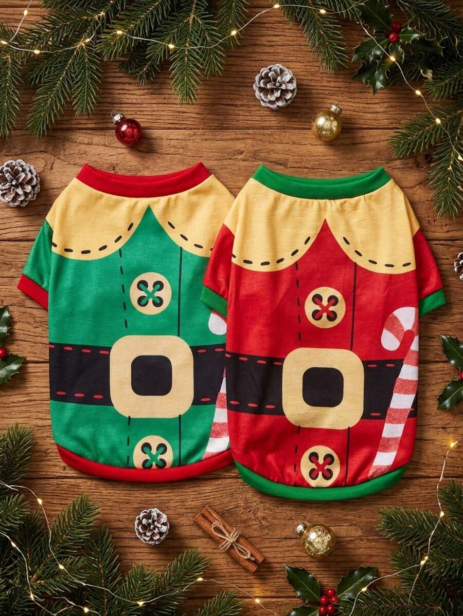 PETSIN Xmas Elf Dog Clothes, Festive Candy Cane Printed Pet Shirt Christmas Puppy Outfit