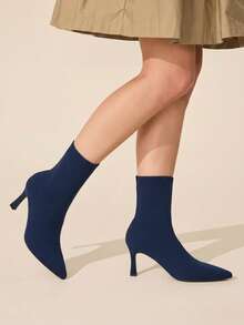 CUCCOO BASICS Women's Pointed Middle Tube Fabric Surface. Cloth Shaped Heel Medium High Heel Elastic Boots. Sexy Versatile Commuter Autumn And Winter Classic Women' - Navy Blue - View 3