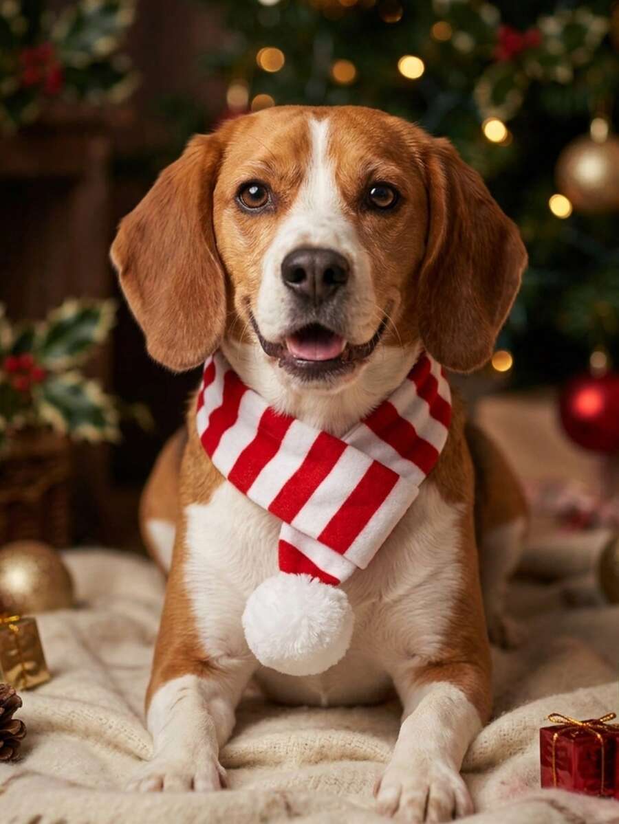 PETSIN Christmas Stripe Fashionable Pet Scarf, Christmas Gift - Red and White - View 1