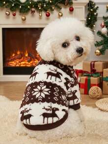 PETSIN 1 Pc Pet Cat/Dog Brown Flannel Deer & Snowflake Print Warm Crew Neck, Christmas Decorations - Multicolor - View 4
