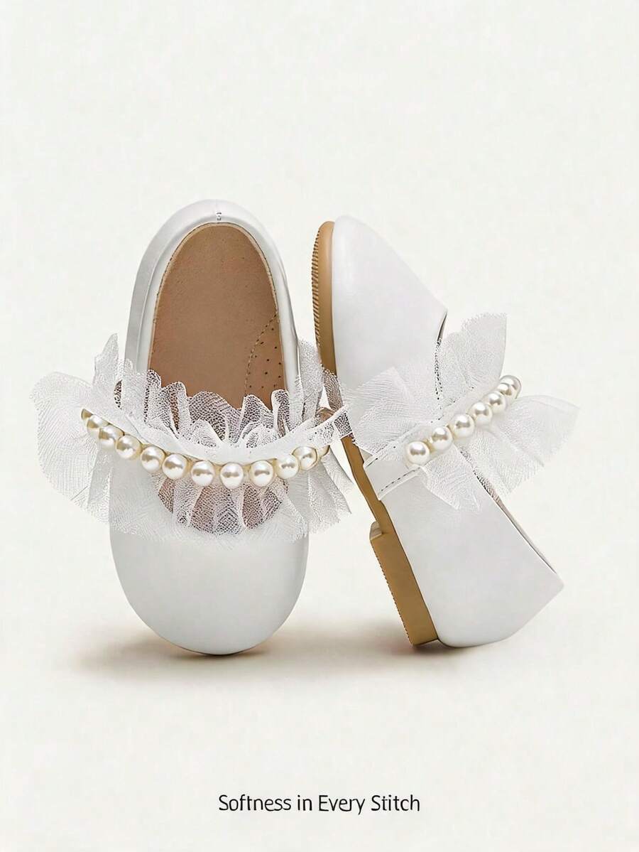 Cozy Pixies Collection Lace & Faux Pearl Adorable Flat Shoes For Baby Girls With Princess Style Wedding Theme In White, Suitable For Every Occasion Party - White - View 1