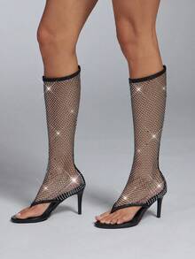 SHEIN SHUZIA Women's Black Rhinestone Mesh Open Toe Stiletto High Heel Knee High Boots, Chic Sparkly Party & Evening Dress Shoes - Deep Black - View 2