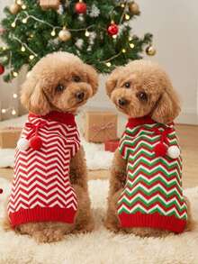 PETSIN Christmas Zigzag Sleeveless Dog Knit Vest With Pom Pom Bow, Winter Holiday Pet Tank Top - Multicolor - View 4