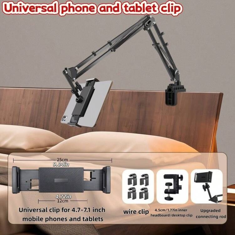 1Pc Black Bed Tablet Holder, Adjustable Long Arm Phone Clamp, Suitable For Desk Bedside Bed Edge, Foldable Cantilever Bracket, Suitable For Recording Live Streaming, Compatible With IPhone Pro Mini, Kindle, Switch 4.7‑13 Inch Devices - Black - View 7