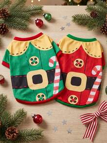 PETSIN Xmas Elf Dog Clothes, Festive Candy Cane Printed Pet Shirt Christmas Puppy Outfit - Multicolor - View 6