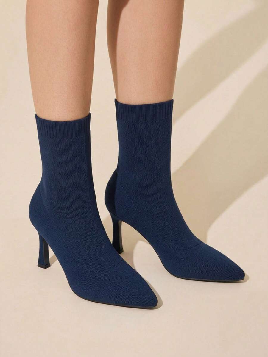 CUCCOO BASICS Women's Pointed Middle Tube Fabric Surface. Cloth Shaped Heel Medium High Heel Elastic Boots. Sexy Versatile Commuter Autumn And Winter Classic Women' - Navy Blue - View 1