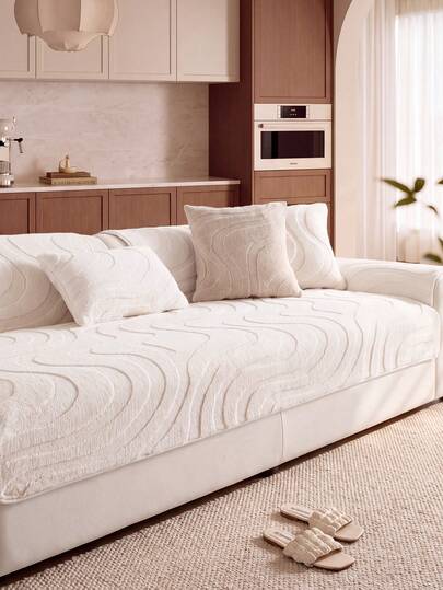 1Pc Beige Jacquard Wavy Shu Cotton Lint Autumn And Winter Warm Sofa Cover Sofa Cushion, Pet-Friendly Holiday Decoration Christmas And New Year Atmosphere, Old Sofa Renovation Is Suitable For Most 1-4 Seat Sofas