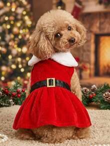 PETSIN Santa‑Style Pet Frock, Plush Collar Decorative Buckle Holiday Skirt For Dogs & Cats - Red - View 5