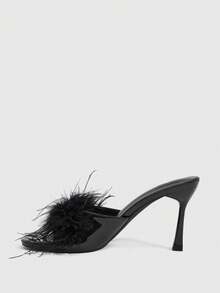 CUCCOO SZL Open-Toed Feather Stilettos Women's Loafers, High-Heeled Design, Suitable For Party Occasions - Black - View 4