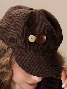 ROMWE Kawaii 1 Retro Style Button Octagonal Hat, Y2K Brown Solid Color Hat, Daily Personalized Fashion Accessories - Button brown - View 2