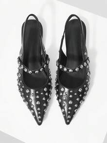 Mnmlis Spring And Summer Size Round Beads Full Of Rivets, With Pointed Toe, Black Back Empty Mary Jane Sandals, Punk Style Back Strap - Black - View 2