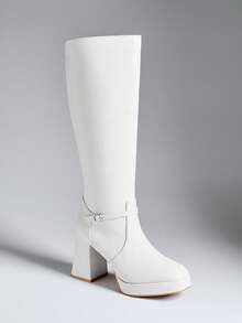 SHUZIA Women's Stylish & Comfortable Block Heel Knee-High Boots With Metal Buckle Decor For Christmas Valentine's Day - White - View 3